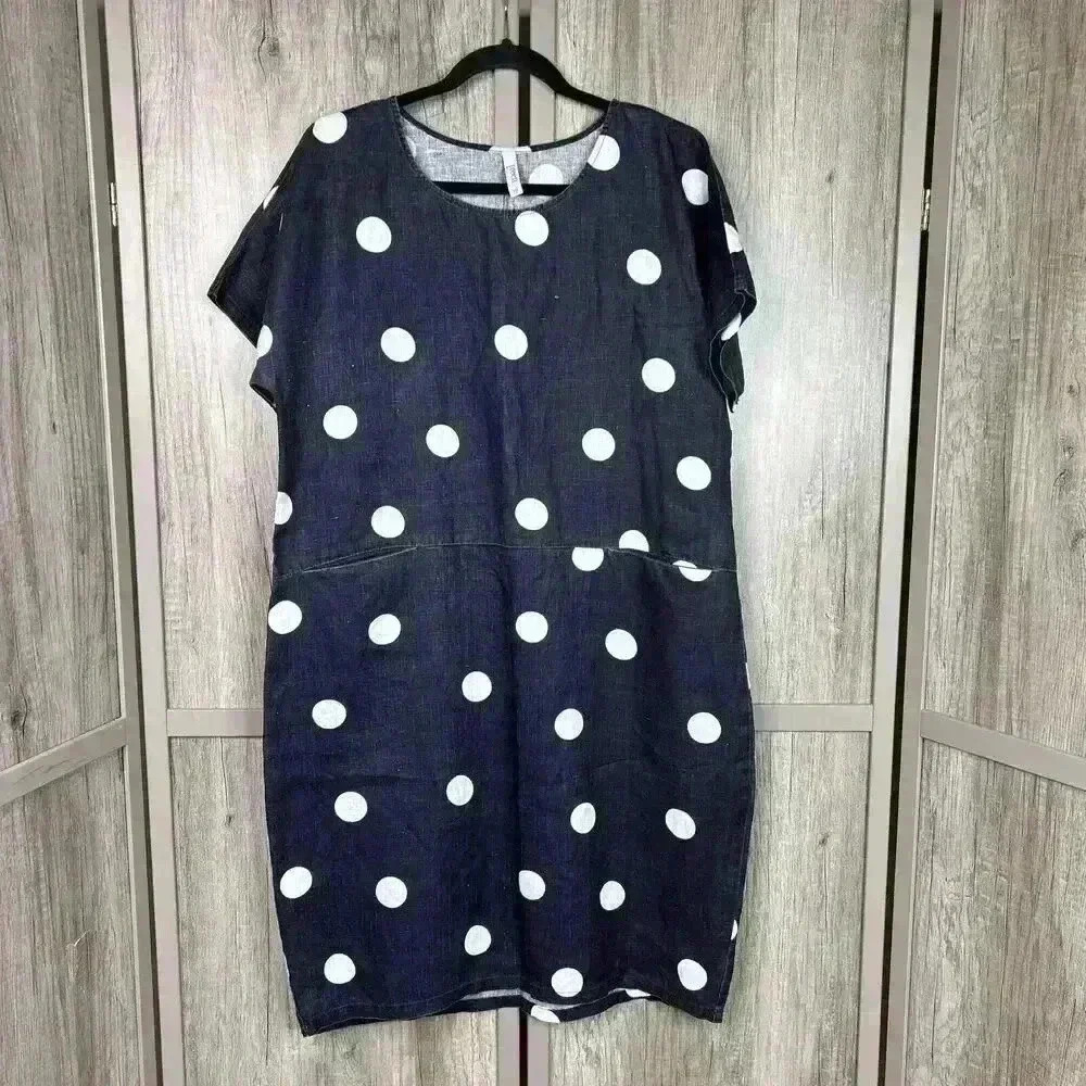 Preen Dress Sz 10 Linen Polka Dots Knee Length Pockets Short Sleeve